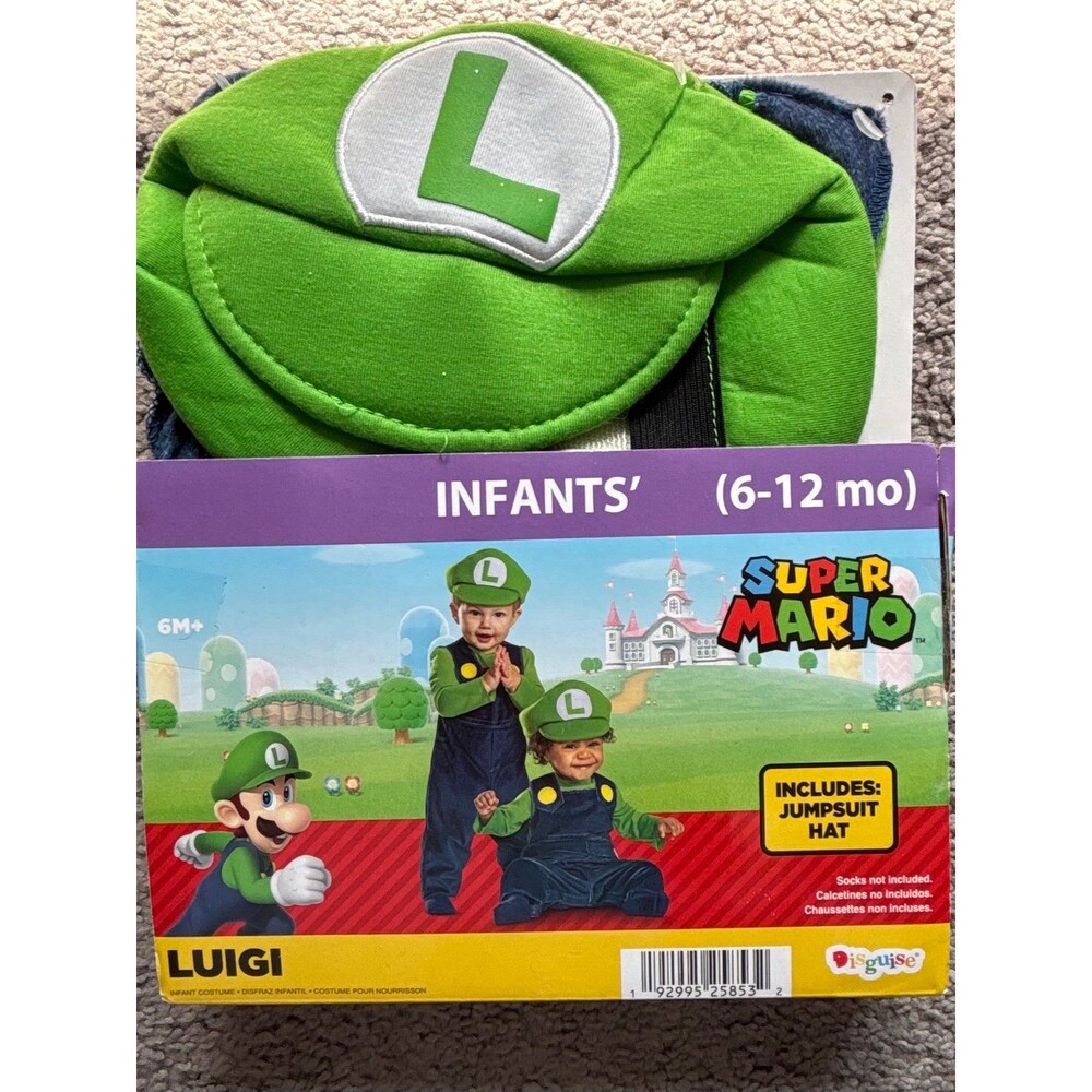 DIGUISE SUPER MARIO LUIGI COSTUME INFANT 6/12 MONTHS JUMPSUIT HAT NINTENDO NEW
